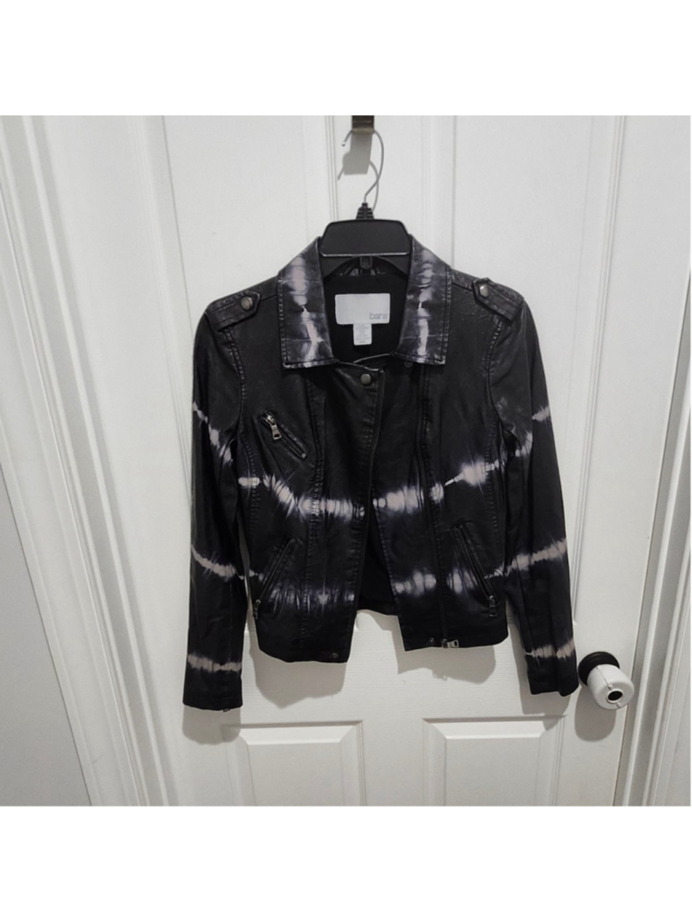 Bar III Faux Leather Moto Jacket Size XS Black White Tie Dye